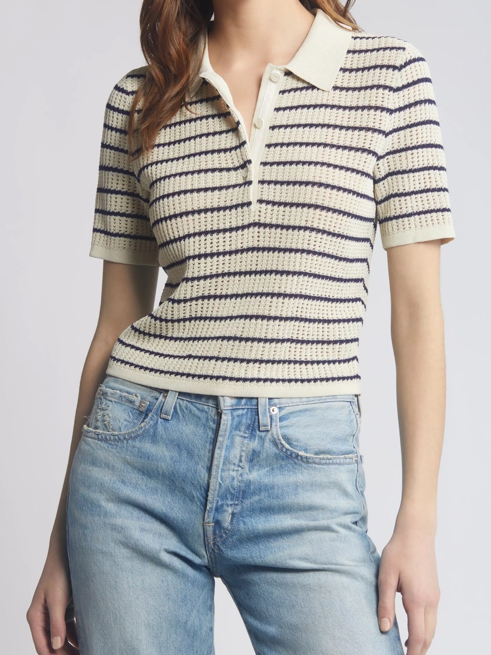 rag & bone Striped Open-Knit Polo Top Cream & Black XS